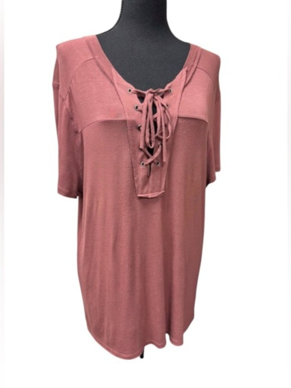 BKE Dusty Rose Lace-Up Top M Boho Raw Edge Soft Stretch Festival Cottagecore - Picture 2 of 11